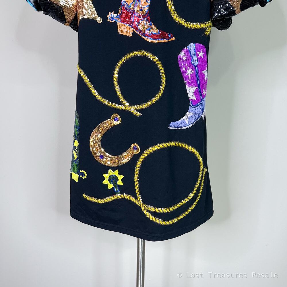 Queen of Sparkles | Cowgirl Western Rodeo Black Sequin Puff Sleeve Mini Dress L - Picture 9 of 12